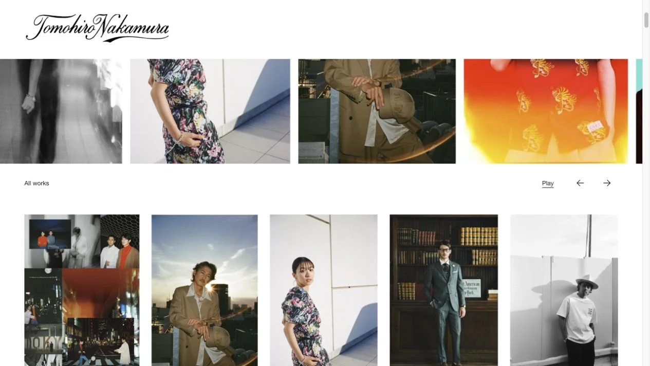 Current Tomohiro Nakamura portfolio website with a horizontal image carousel and project grid.